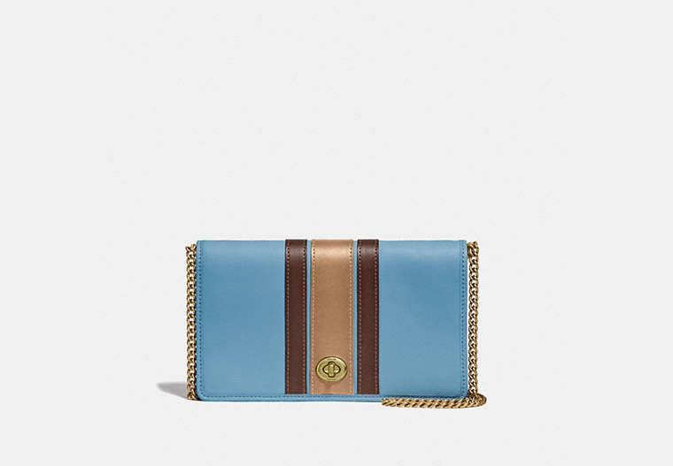COACH®,CALLIE FOLDOVER CHAIN CLUTCH WITH VARSITY STRIPE,Leather,Mini,Brass/Pacific Blue Multi,Front View