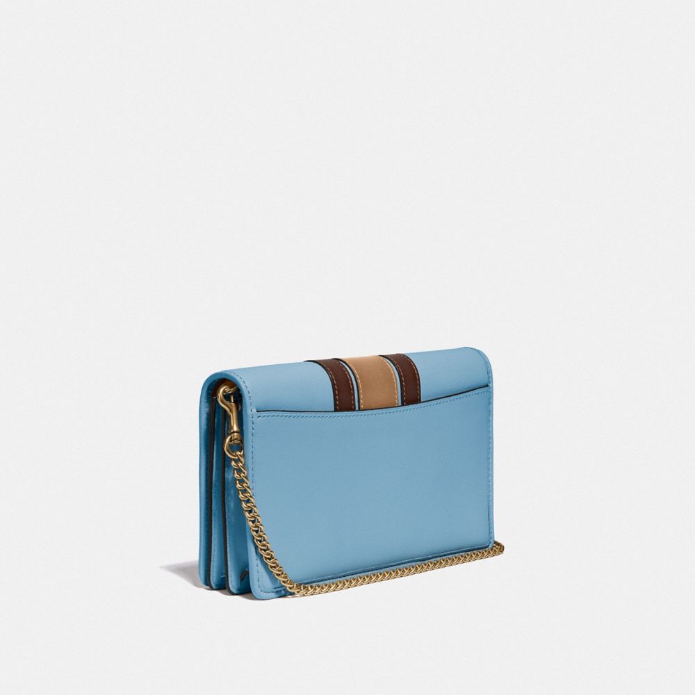 COACH®,CALLIE FOLDOVER CHAIN CLUTCH WITH VARSITY STRIPE,Leather,Mini,Brass/Pacific Blue Multi,Angle View