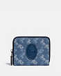 COACH®,SMALL ZIP AROUND WALLET WITH HORSE AND CARRIAGE PRINT AND ARCHIVE PATCH,Coated Canvas,Pewter/True Blue,Front View