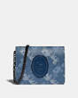 COACH®,ACCORDION CARD CASE WITH CHAIN WITH HORSE AND CARRIAGE PRINT AND ARCHIVE PATCH,pvc,Pewter/True Blue,Front View