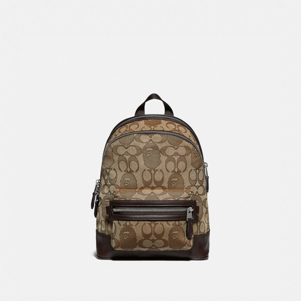 COACH®,BAPE X COACH ACADEMY BACKPACK 23 IN SIGNATURE JACQUARD WITH APE HEAD,Smooth Leather/Jacquard,Medium,Light Antique Nickel/Khaki,Front View image number 0