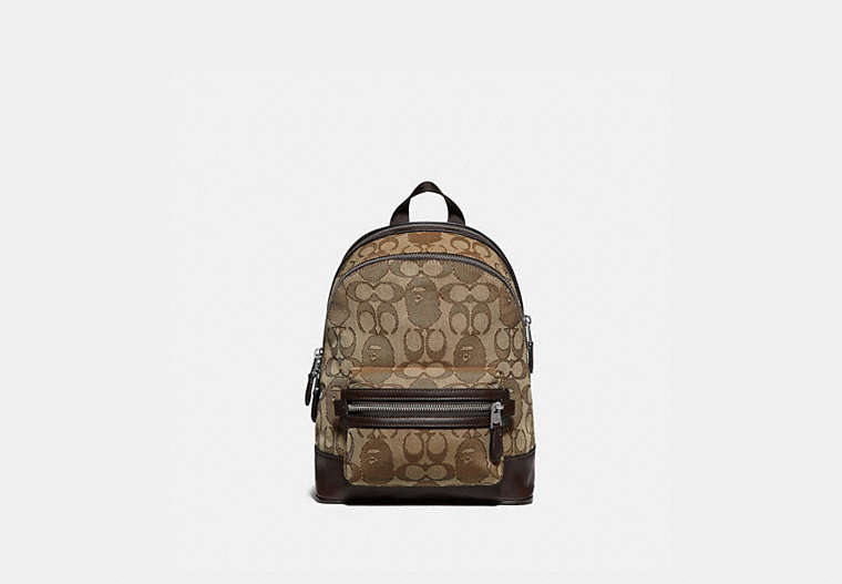 COACH®,BAPE X COACH ACADEMY BACKPACK 23 IN SIGNATURE JACQUARD WITH APE HEAD,Smooth Leather/Jacquard,Medium,Light Antique Nickel/Khaki,Front View