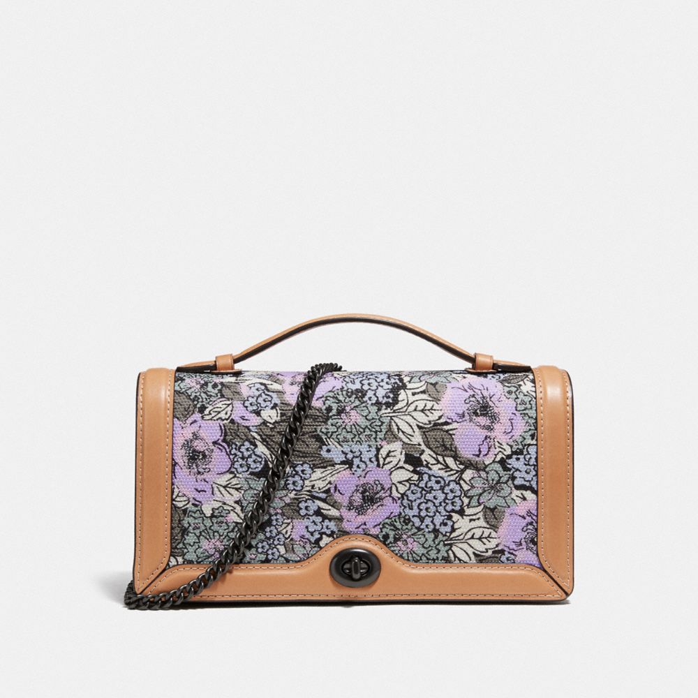 COACH®,RILEY CHAIN CLUTCH WITH HERITAGE FLORAL PRINT,canvas,Mini,Pewter/Soft Lilac Multi,Front View