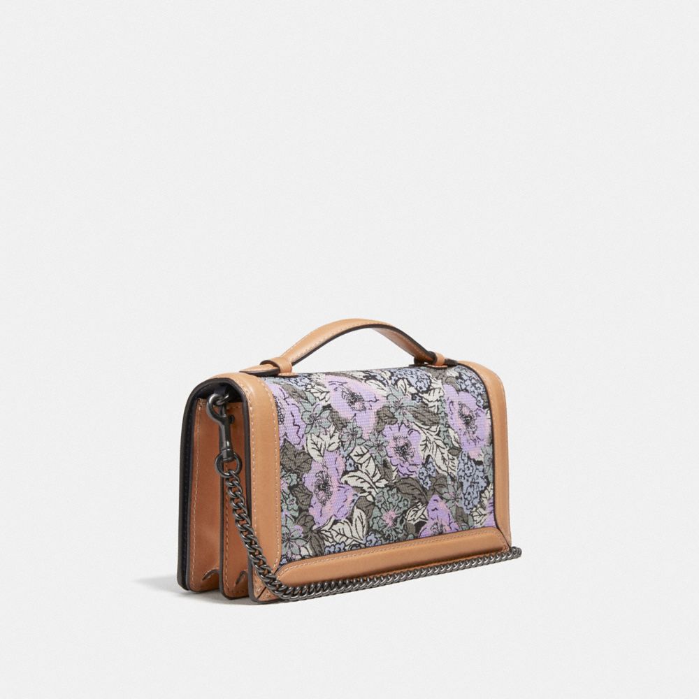 COACH®,RILEY CHAIN CLUTCH WITH HERITAGE FLORAL PRINT,canvas,Mini,Pewter/Soft Lilac Multi,Angle View