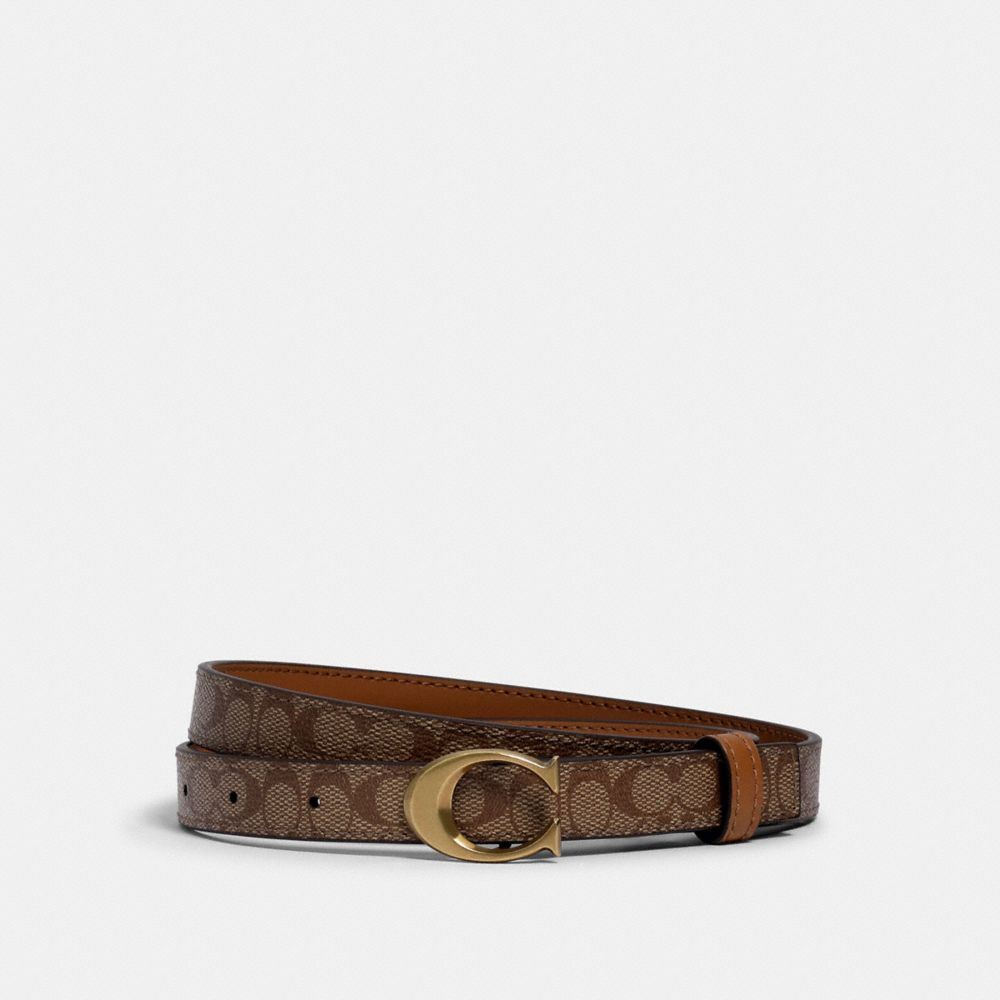 COACH®,SIGNATURE BUCKLE BELT, 18MM,Brass/KHAKI/SADDLE,Front View