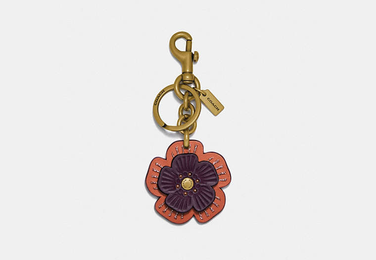 COACH®,TEA ROSE BAG CHARM,Smooth Leather,Brass/Oak Multi,Front View