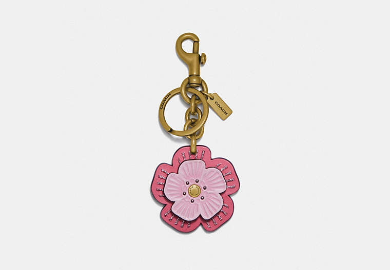 COACH®,TEA ROSE BAG CHARM,Smooth Leather,Brass/Orchid Multi,Front View