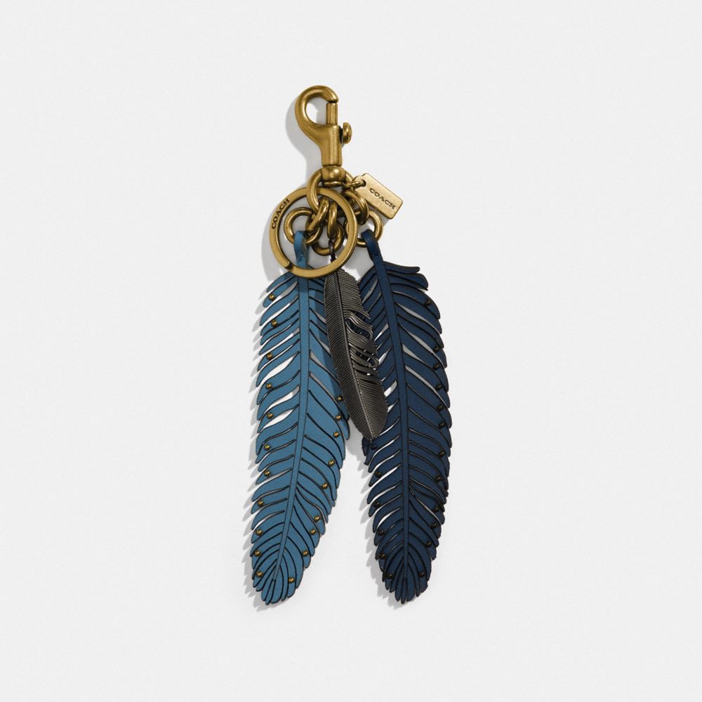 COACH®,FEATHER BAG CHARM,Smooth Leather/Metal,Brass/Blue Multi,Front View