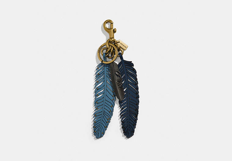 COACH®,FEATHER BAG CHARM,Smooth Leather/Metal,Brass/Blue Multi,Front View
