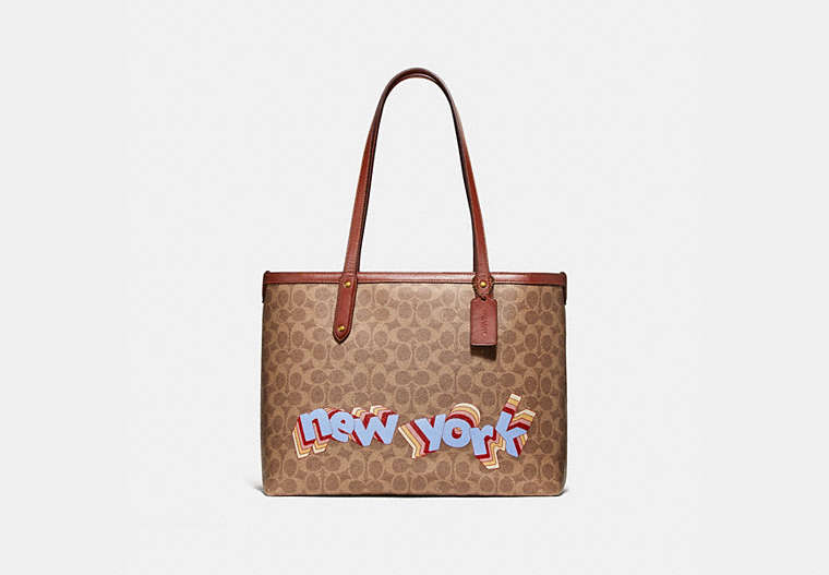 COACH®,CENTRAL TOTE WITH ZIP IN SIGNATURE CANVAS BY TYLER SPANGLER,Coated Canvas,Large,Brass/Tan/Rust,Front View