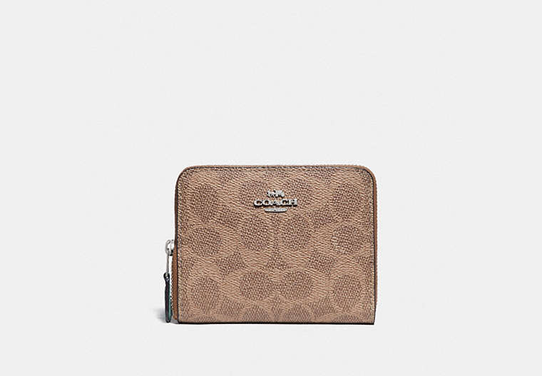COACH®,SMALL ZIP AROUND WALLET IN BLOCKED SIGNATURE CANVAS,Coated Canvas,Light Antique Gold/Tan Sand Orchid,Front View image number 0