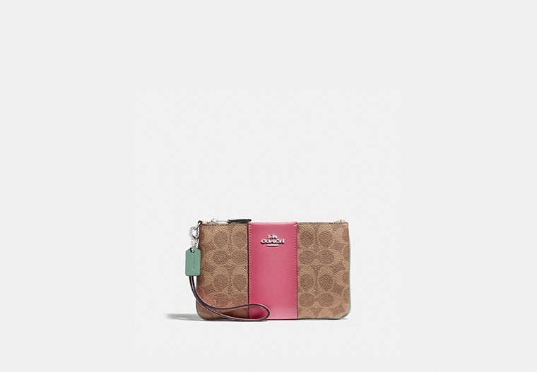 COACH®,SMALL WRISTLET IN BLOCKED SIGNATURE CANVAS,Coated Canvas,Light Antique Gold/Tan Sand Orchid,Front View image number 0