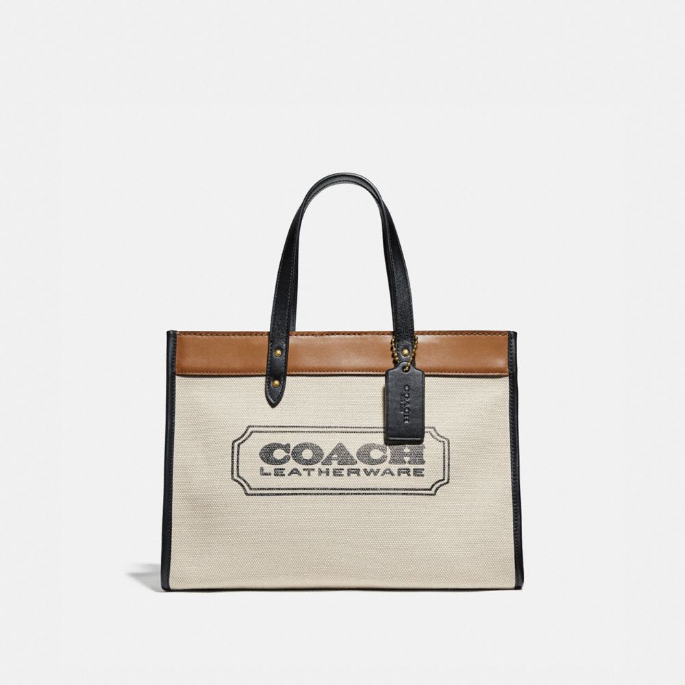 COACH®,FIELD TOTE 30 WITH COACH BADGE,canvas,Large,Brass/Canvas Light Saddle,Front View