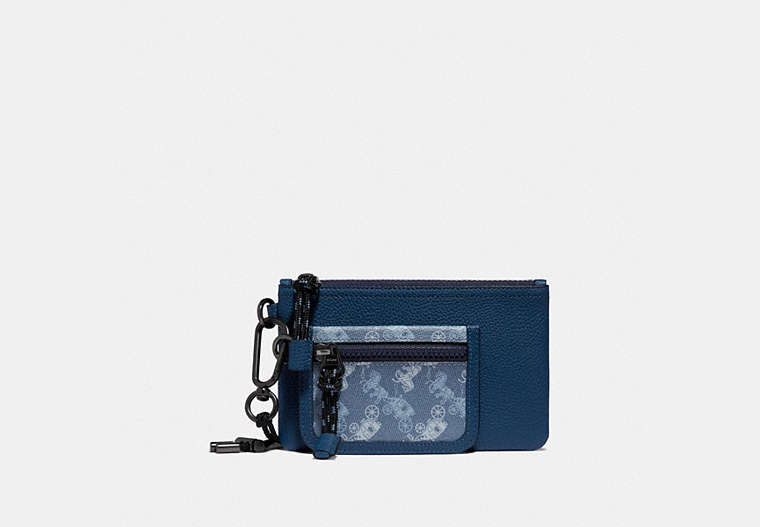 COACH®,DOUBLE POUCH LANYARD WITH HORSE AND CARRIAGE PRINT,Coated Canvas/Pebble Leather,BLUE,Front View
