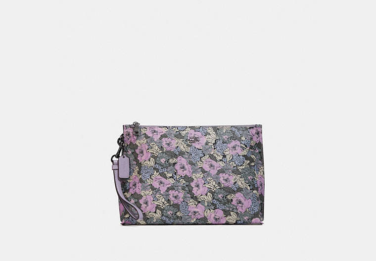 COACH®,CHARLIE POUCH WITH HERITAGE FLORAL PRINT,Coated Canvas,Small,Pewter/Soft Lilac Multi,Front View