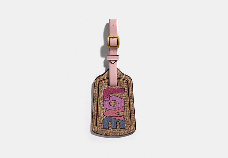 COACH®,LUGGAGE TAG IN SIGNATURE CANVAS WITH LOVE PRINT,Signature Coated Canvas,Brass/Tan Pink Multi,Front View