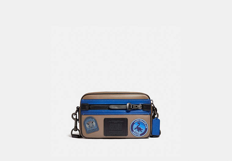 COACH®,CAMERA BAG WITH MYTHICAL MONSTERS PATCHES,Leather,Small,Lake Champlain Monster,Front View