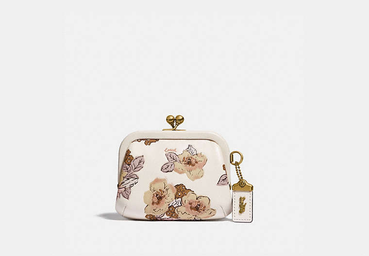 COACH®,KISSLOCK COIN CASE WITH FLORAL BOUQUET PRINT,Smooth Leather,Mini,Brass/Chalk,Front View