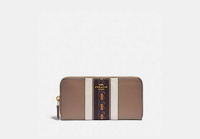 COACH®,ACCORDION ZIP WALLET WITH VARSITY STRIPE,Leather,Mini,Brass/Elm Multi,Front View
