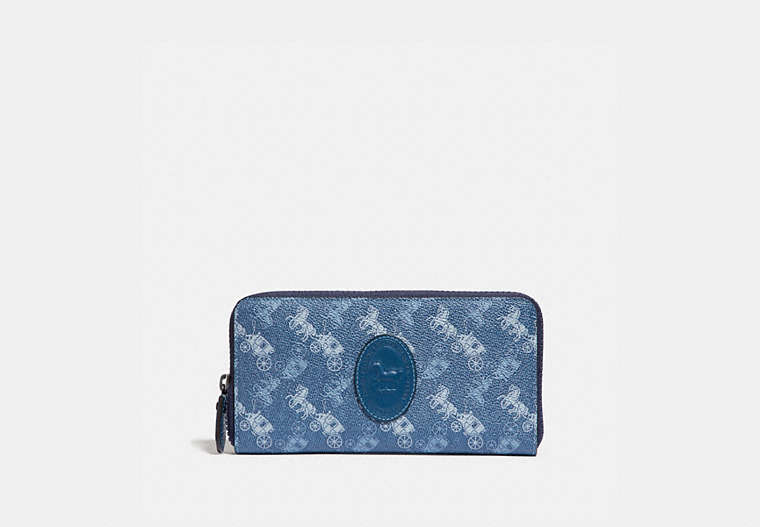 COACH®,ACCORDION ZIP WALLET WITH HORSE AND CARRIAGE PRINT AND ARCHIVE PATCH,pvc,Mini,Pewter/True Blue,Front View