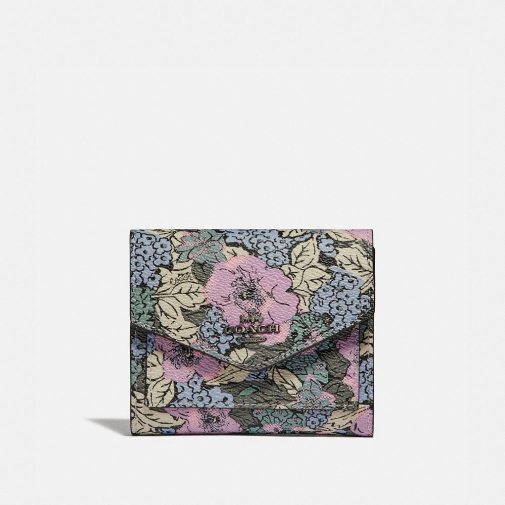 COACH®,SMALL WALLET WITH HERITAGE FLORAL PRINT,Coated Canvas,Pewter/Soft Lilac Multi,Front View
