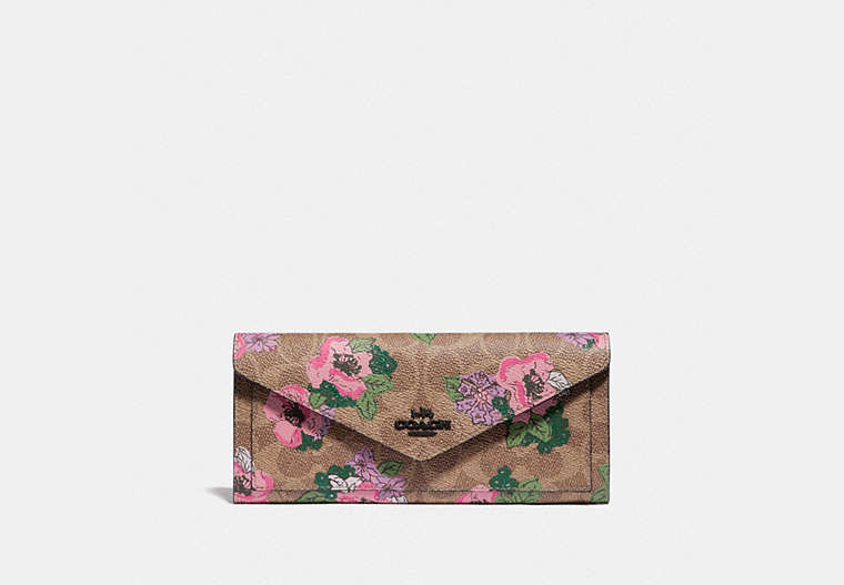 COACH®,SOFT WALLET IN SIGNATURE CANVAS WITH BLOSSOM PRINT,Signature Coated Canvas,Pewter/Tan Sand Print,Front View