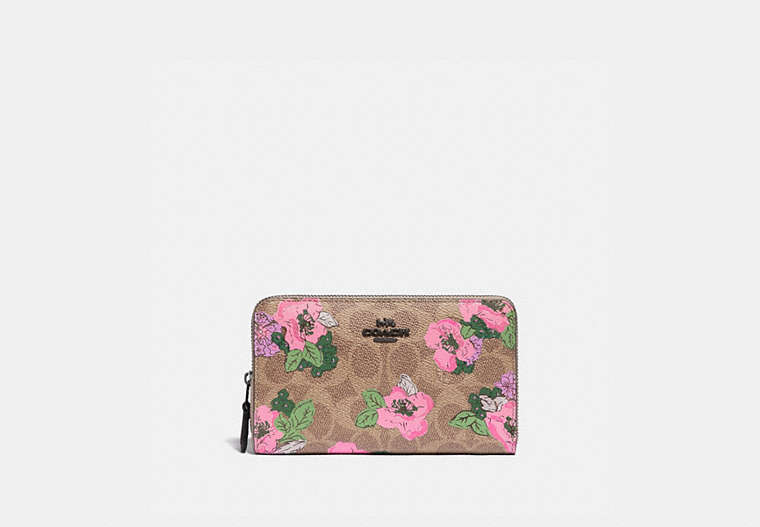COACH®,MEDIUM ZIP AROUND WALLET IN SIGNATURE CANVAS WITH BLOSSOM PRINT,Signature Coated Canvas,Mini,Pewter/Tan Print,Front View