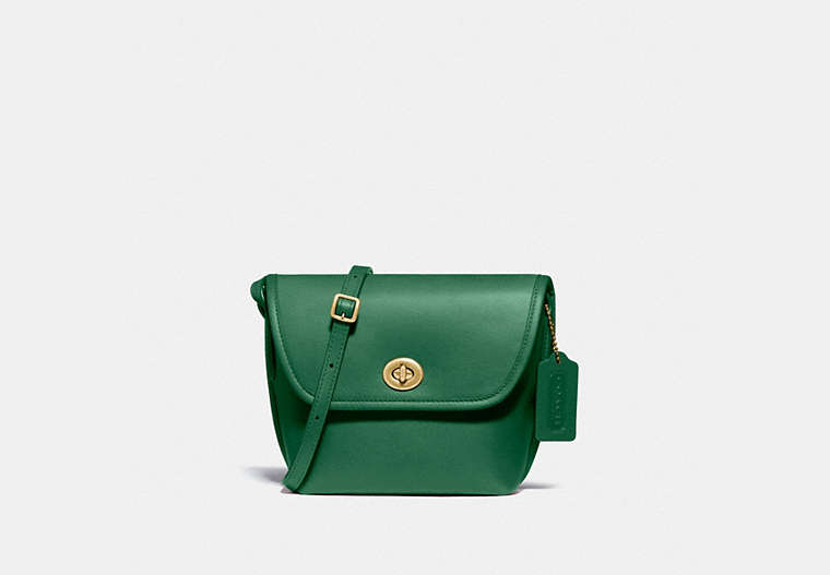 COACH®,TURNLOCK POUCH,Leather,Small,Brass/Green,Front View