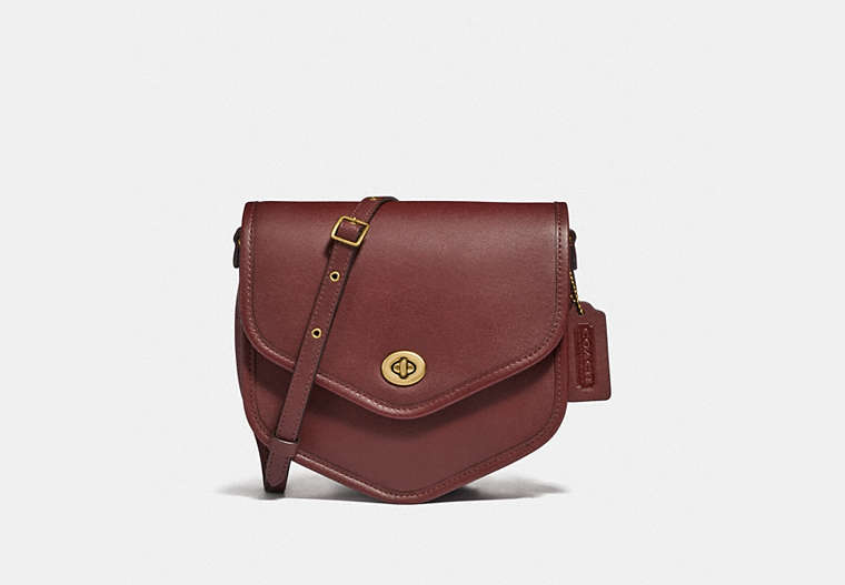 COACH®,TURNLOCK FLAP POUCH,Glovetan Leather,Small,Brass/Cranberry Red,Front View