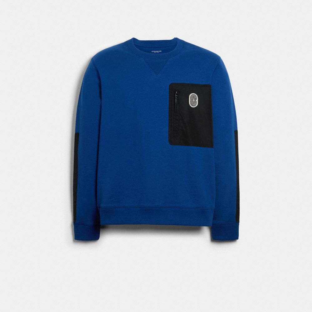 COACH®,MIXED MEDIA SWEATSHIRT,Sapphire.,Front View