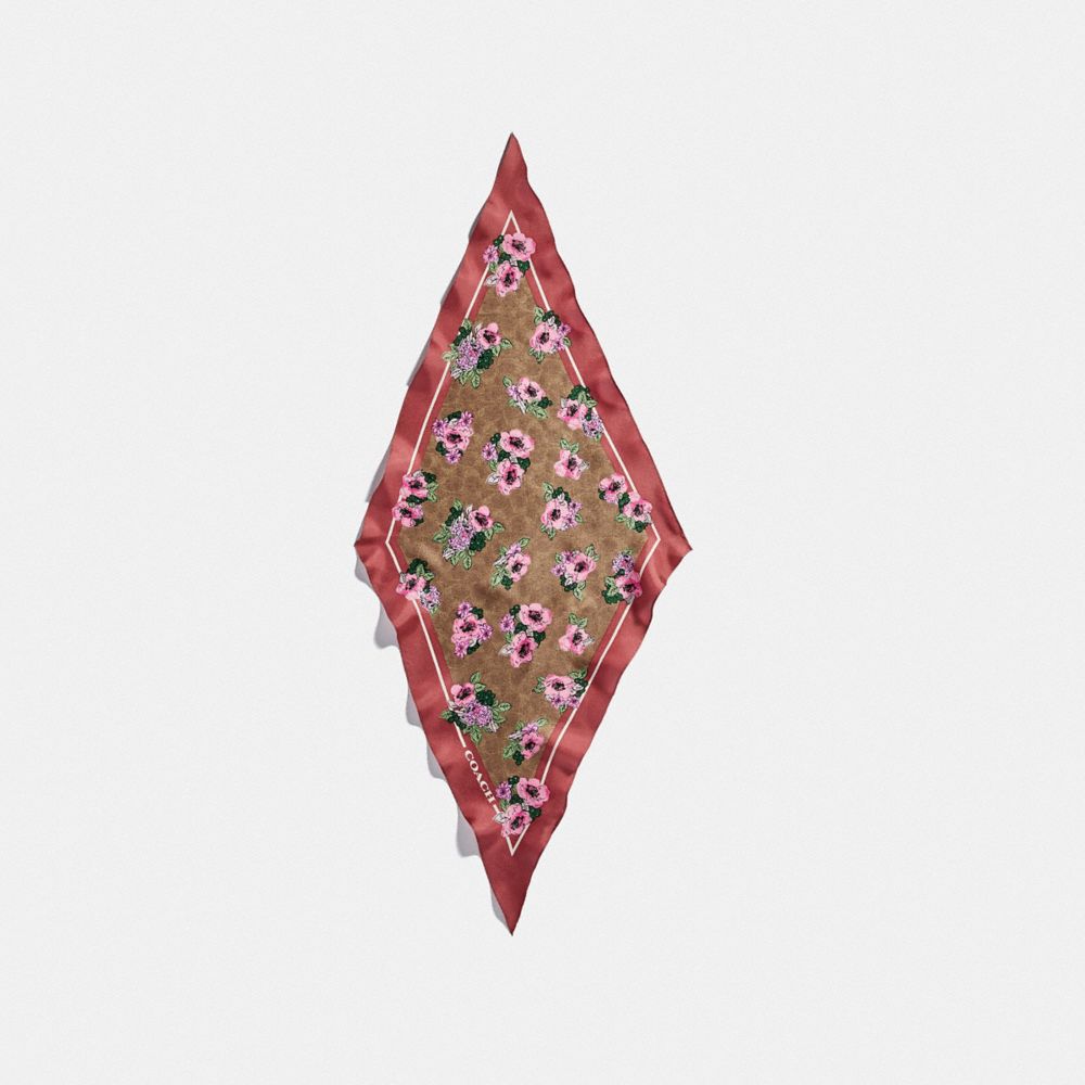 COACH®,SIGNATURE NOSTALGIC BLOSSOM PRINT SILK DIAMOND SCARF,Silk,Tan/Orchid,Front View image number 0