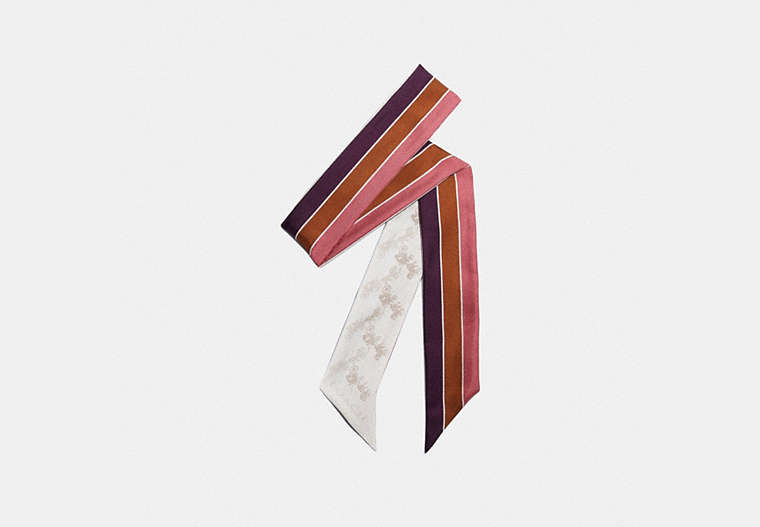COACH®,DIAGONAL HORSE AND CARRIAGE VARSITY STRIPE PRINT SILK SKINNY SCARF,Silk,Chalk,Front View