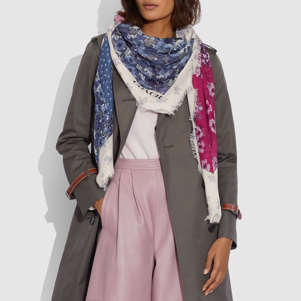 COACH®,LOVE PATCHWORK PRINT OVERSIZED SQUARE SCARF,Chalk Multi,Angle View