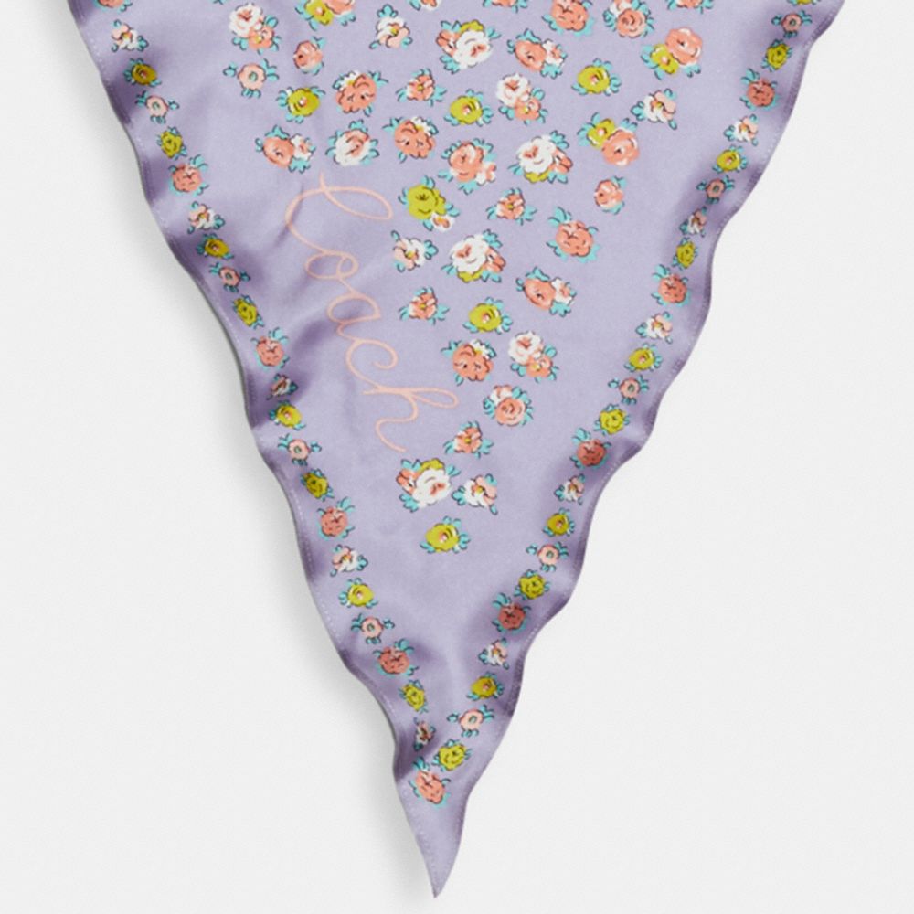 COACH®,Tea Rose Print Silk Diamond Scarf,Silk,Bandana,Logo,Word Embellishment,Casual,Lavender,Detail View