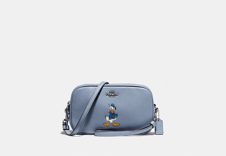 COACH®,DISNEY X COACH SADIE CROSSBODY CLUTCH WITH DONALD DUCK MOTIF,Pebble Leather,Light Antique Nickel/Bluebell,Front View