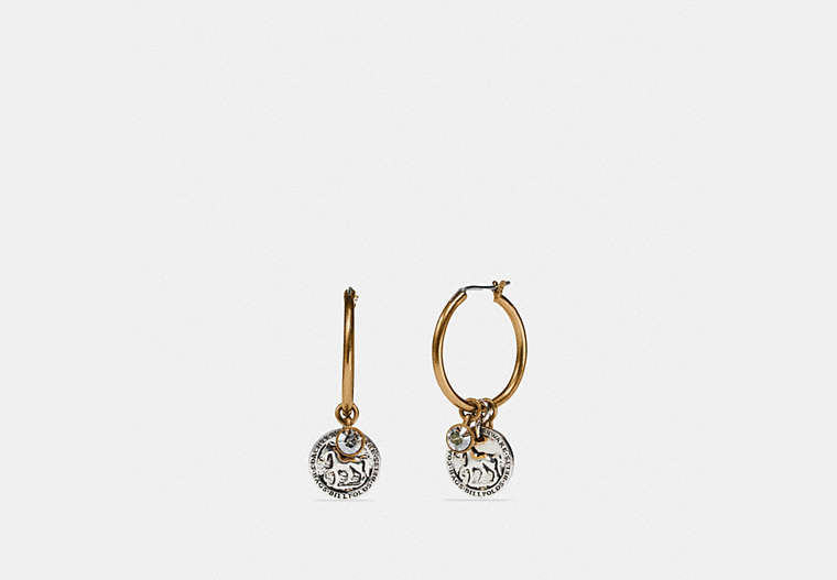 COACH®,HORSE AND CARRIAGE COIN HOOP EARRINGS,cubiczirconia,GOLD/SILVER,Front View