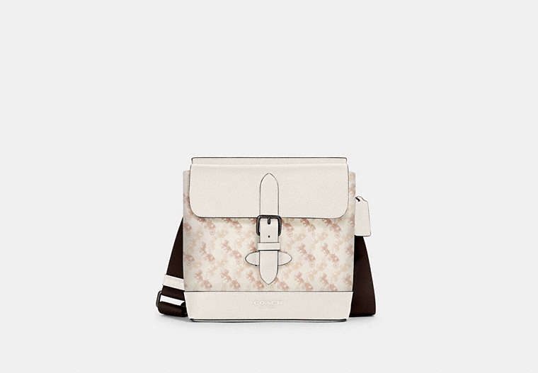 COACH®,HUDSON CROSSBODY WITH HORSE AND CARRIAGE PRINT,pvc,Gunmetal/Beige Taupe,Front View