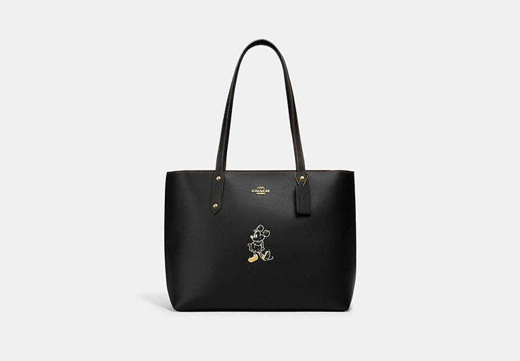 COACH®,DISNEY X COACH CENTRAL TOTE WITH ZIP WITH MICKEY MOUSE MOTIF,X-Large,Brass/Black,Front View