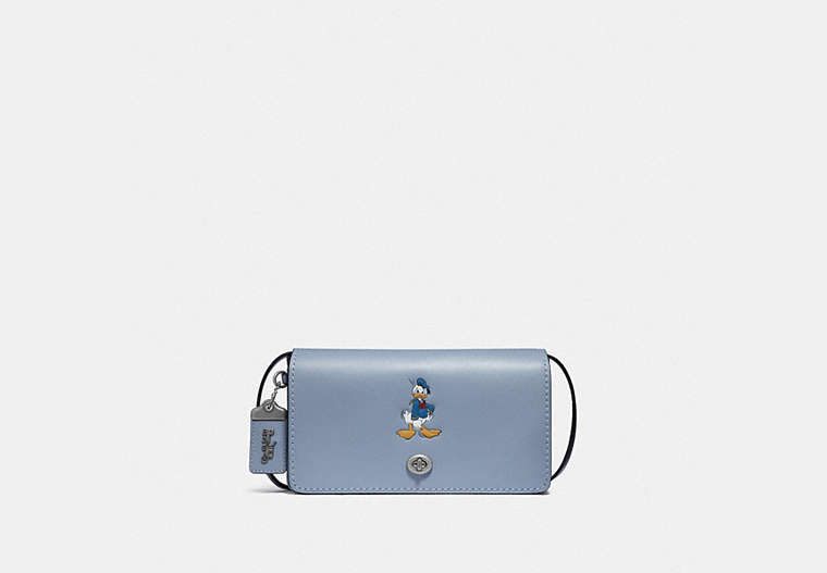 COACH®,DISNEY X COACH DINKY WITH DONALD DUCK MOTIF,Leather,Light Antique Nickel/Bluebell,Front View