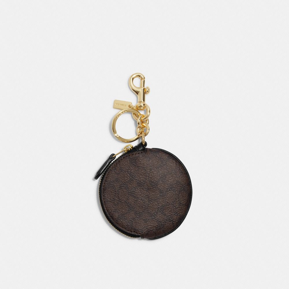 COACH®,CIRCULAR COIN POUCH BAG CHARM IN SIGNATURE CANVAS,Mini,Gold/Brown Black,Front View