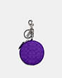 COACH®,CIRCULAR COIN POUCH BAG CHARM IN SIGNATURE CANVAS,pvc,Mini,Silver/Sport Purple,Front View