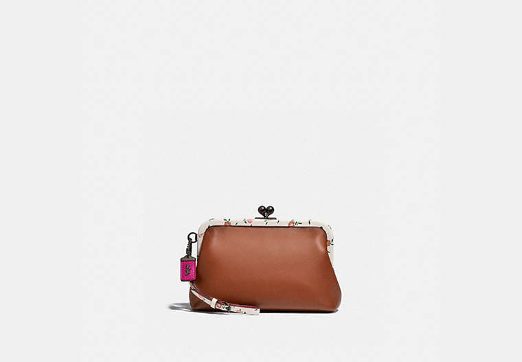 COACH®,KISSLOCK CLUTCH WITH BLOCKED FLORAL PRINT,Leather,Small,V5/Saddle Multi,Front View