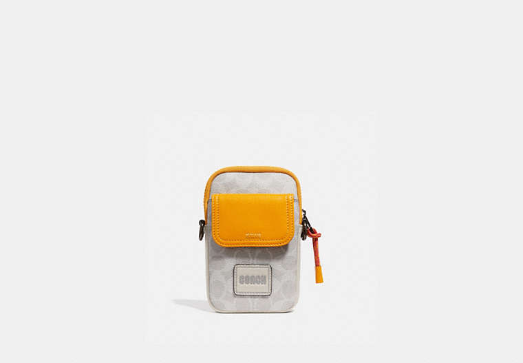 COACH®,PACER CONVERTIBLE POUCH IN COLORBLOCK SIGNATURE CANVAS WITH COACH PATCH,pvc,Mini,Chalk/Pollen,Front View