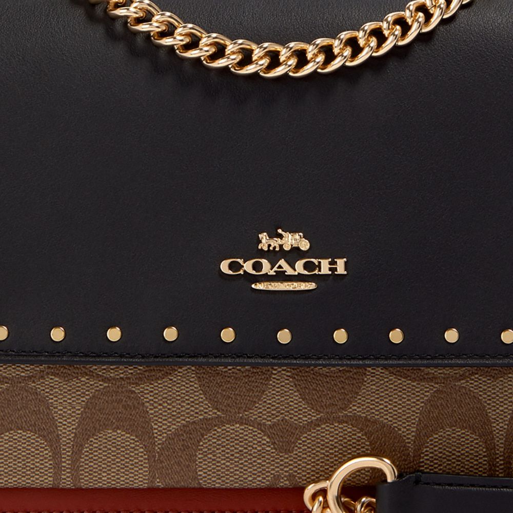 COACH®,Klare Crossbody Bag In Signature Canvas With Rivets,Leather,Canvas,Crossbody,PVC,Color Block,Logo,Studded,Mixed Med...,Multi Color,Detail View