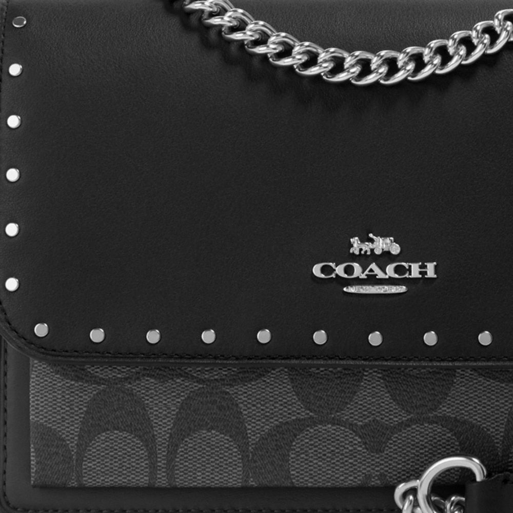 COACH®,Klare Crossbody Bag In Signature Canvas With Rivets,Leather,Canvas,Crossbody,PVC,Color Block,Logo,Studded,Mixed Med...,Black,Detail View
