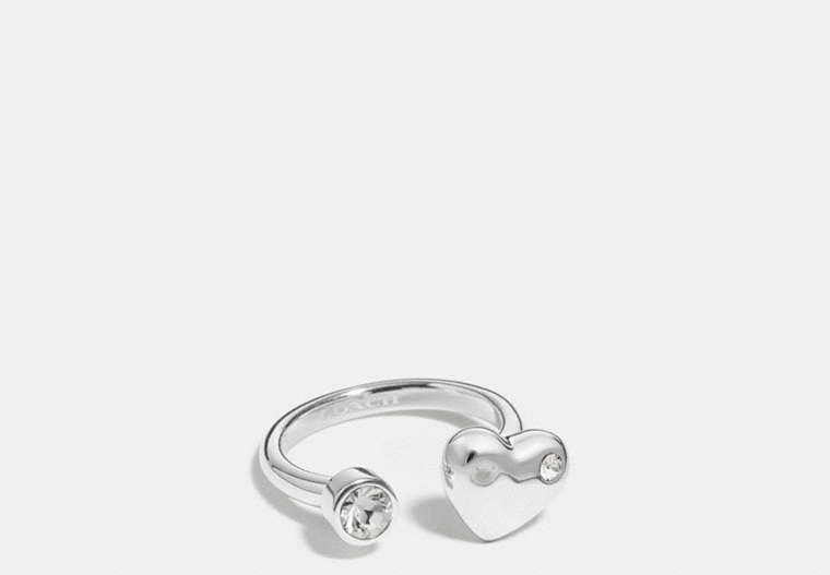 COACH®,STERLING PAVE SCULPTED HEART OPEN FACE RING,Sterling Silver,Silver/Clear,Front View
