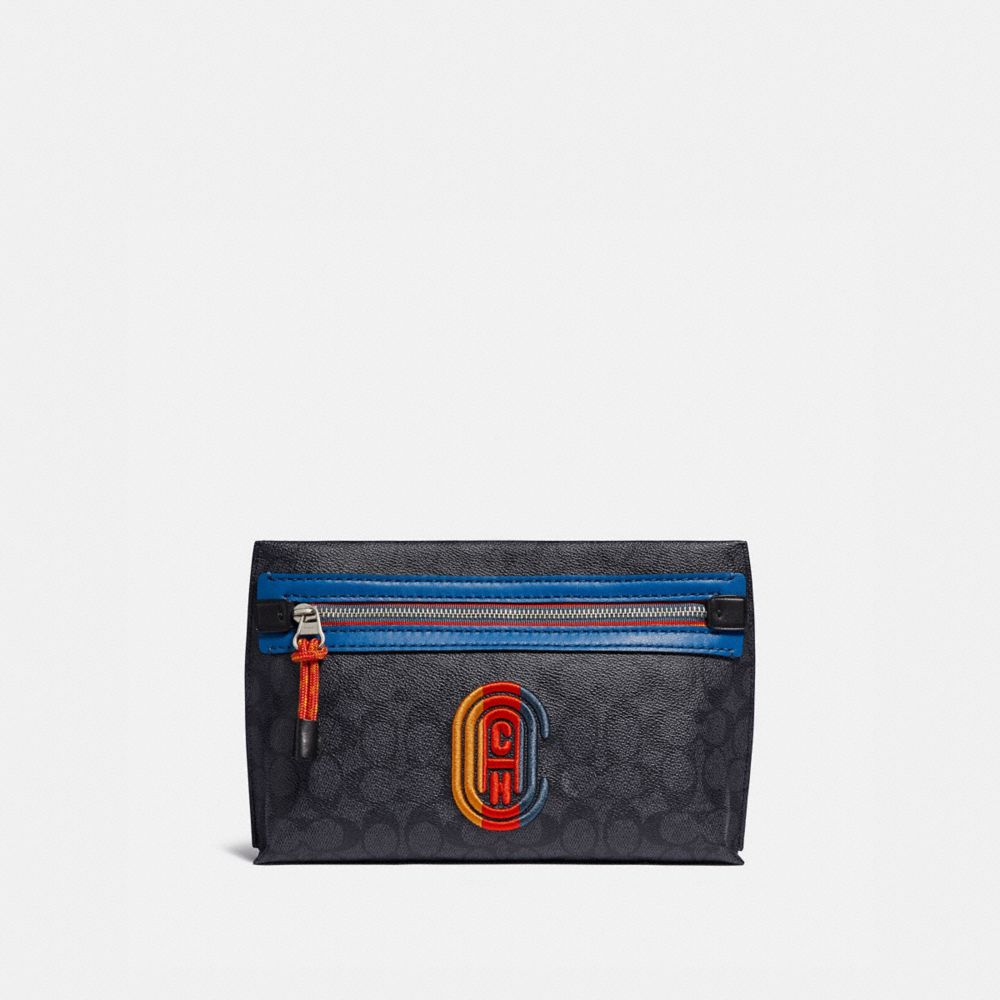 COACH®,CONVERTIBLE ACADEMY POUCH IN SIGNATURE CANVAS WITH COACH PATCH,Coated Canvas,Small,Charcoal Signature Multi,Front View image number 0