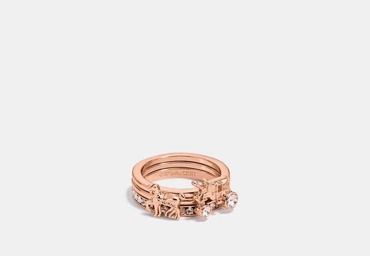 COACH®,PAVE HORSE AND CARRIAGE RING SET,Plated Brass,Rose Gold,Front View