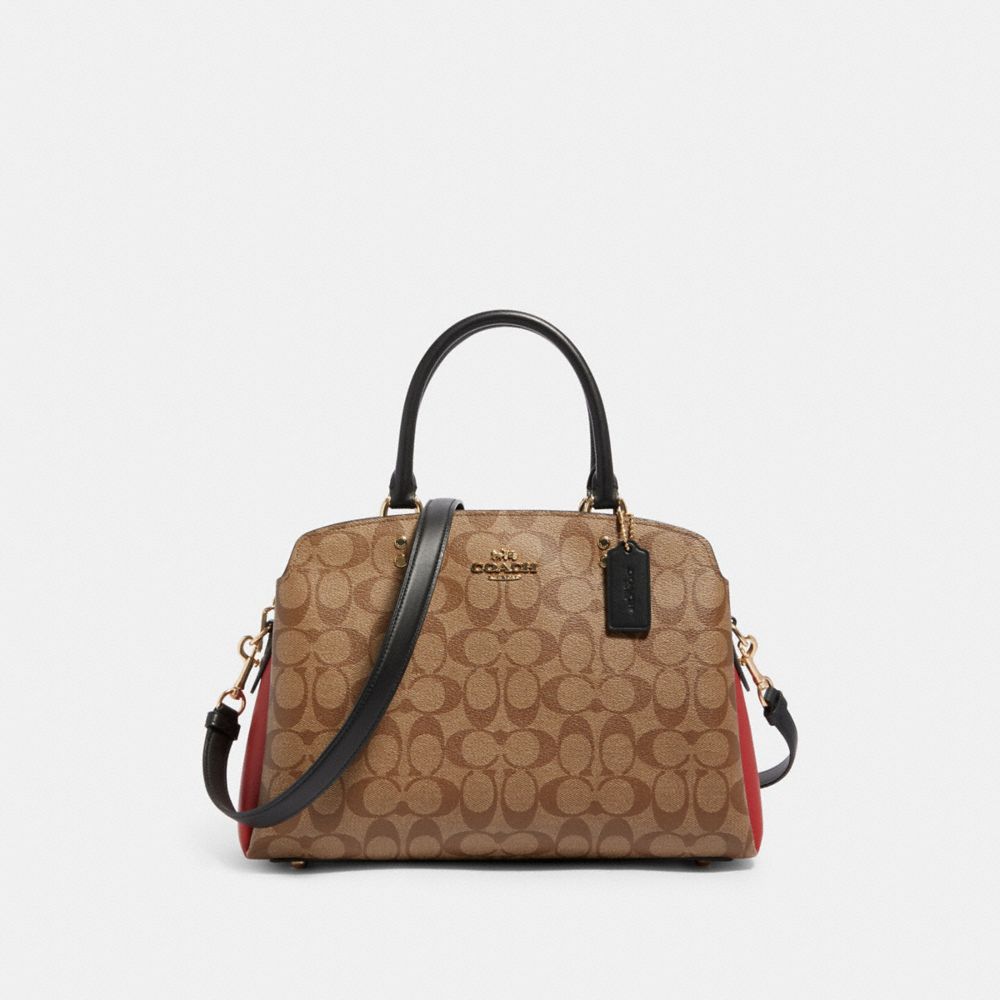 COACH®,LILLIE CARRYALL IN COLORBLOCK SIGNATURE CANVAS,Signature Canvas,Large,Gold/Khaki Multi,Front View