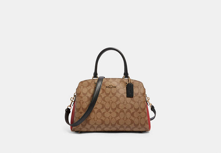 COACH®,LILLIE CARRYALL IN COLORBLOCK SIGNATURE CANVAS,Leather,Large,Gold/Khaki Multi,Front View
